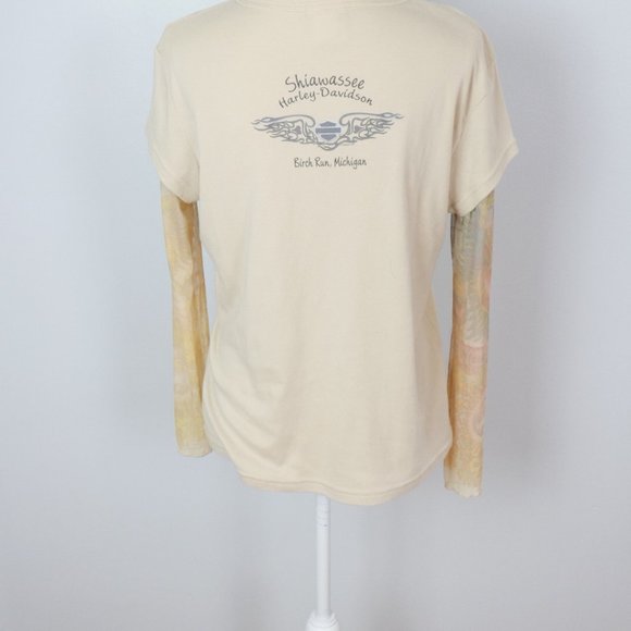 Vintage Y2K Harley Davidson Tan Cream Tee with Tattoo Sleeve Mesh Large - Picture 7 of 13